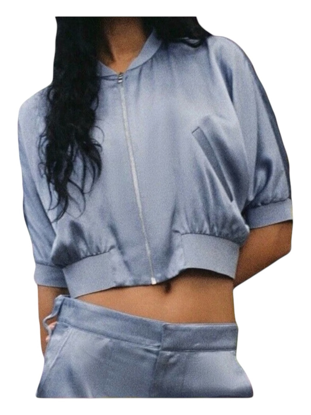 Zara Light Blue Satin Cropped Bomber Jacket XS